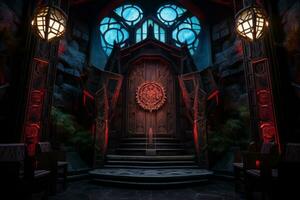 the entrance to a dark room with red lighting generative AI photo