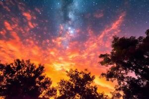 the milky way over trees in the night sky generative AI photo