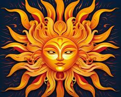 the sun face is made up of orange and yellow flames on a dark blue background generative AI photo