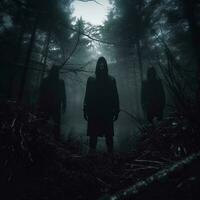 three men in black hoods stand in a dark forest generative AI photo