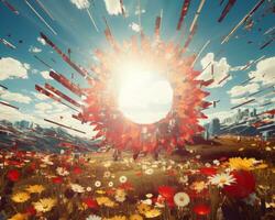 the sun is shining through a field of flowers generative AI photo