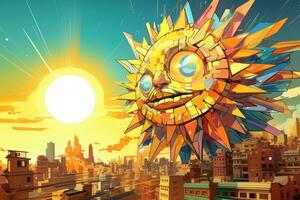 the sun is shining over a city with a colorful sun in the background generative AI photo