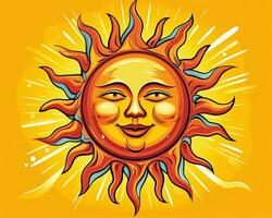 the sun is smiling in a cartoon style on an orange background generative AI photo