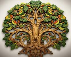 the tree of life is made of wood and has leaves and fruit on it generative AI photo