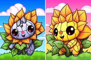 dos dibujos animados girasoles con diferente colores generativo ai foto