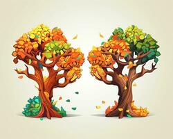 two cartoon trees with leaves falling from them generative AI photo