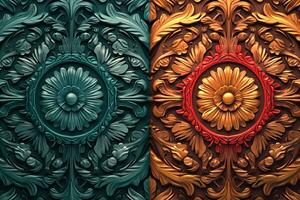 two different colored wooden panels with ornate designs generative AI photo