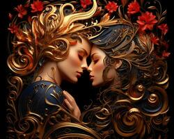 two women are kissing in front of an ornate design on a black background generative AI photo