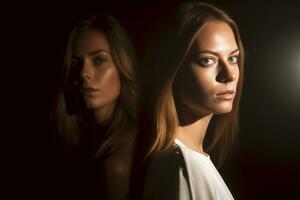 two women in a dark room with the light shining on them generative AI photo