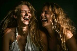 dos joven mujer riendo en frente de un negro antecedentes generativo ai foto