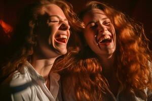 dos mujer riendo en frente de un rojo ligero generativo ai foto