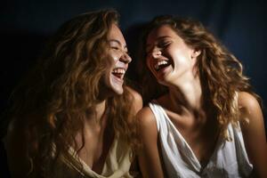 two women laughing together on a dark background generative AI photo