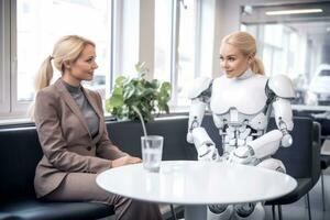 two women sitting at a table talking to a robot generative AI photo