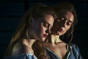 two young women are looking at each other in the dark generative AI photo