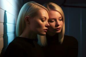 two women looking into each others eyes in a dark room generative AI photo