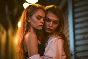 dos joven mujer abrazando en un callejón a noche generativo ai foto