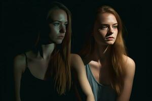 two young women looking at the camera in a dark room generative AI photo