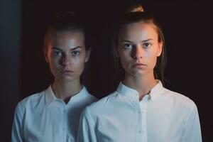 two young women standing in front of a black background generative AI photo