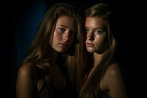 dos joven mujer posando para el cámara en frente de un oscuro antecedentes generativo ai foto