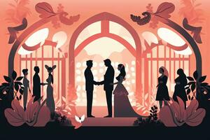 Boda ceremonia en el jardín de el novia y novio vector ilustración generativo ai foto