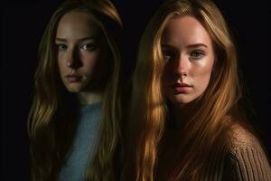 two young women with long hair standing in front of a black background generative AI photo