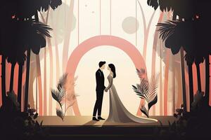 wedding couple standing in front of an arch with palm trees in the background generative AI photo