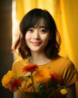 young asian woman holding a bouquet of flowers generative AI photo