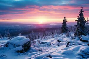 winter landscape with snow covered trees and mountains at sunset generative AI photo