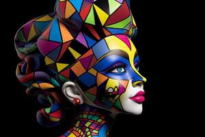 Vibrant Patterend Multi Colored Whimsical Human Sculpture on a Dark Background 3D Render generative AI photo