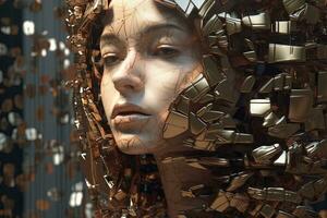 3D Render Hyper Realistic Futuristic Fragmented Female Portrait generative AI photo