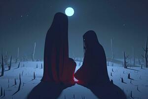 3D Render Minimalist Dark and Secretive Ambient Scene of Robed Figures generative AI photo