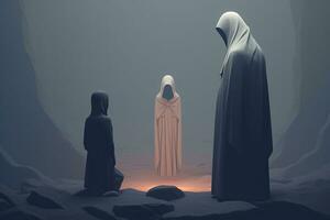 3D Render Minimalist Dark and Secretive Ambient Scene of Robed Figures generative AI photo