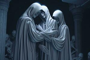 3D Render Minimalist Dark and Secretive Ambient Scene of Robed Figures generative AI photo