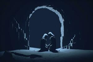 3D Render Minimalist Dark and Secretive Ambient Scene of Robed Figures generative AI photo