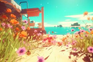 3D Render Summer Themed Backdrop generative AI photo