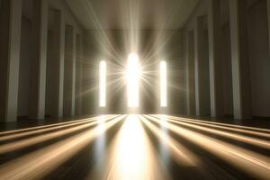 3D Render of Bright Rays Piercing into an Empty Room Ambient Scene generative AI photo