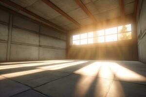 3D Render of Bright Rays Piercing into an Empty Room Ambient Scene generative AI photo