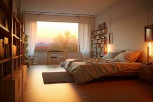 3D Render of a Bright Bedroom with a Window to Nature generative AI photo