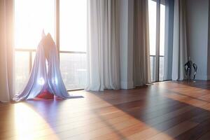3D Render of a Bright Bedroom with a Window to Nature generative AI photo