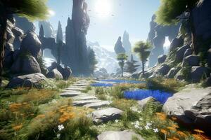 3D Render of a Bright Fantasy World Landscape generative AI photo