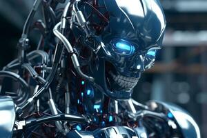 3D Render of a Cybernetic Robot Closeup Background generative AI photo