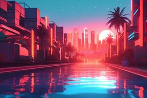 3D Render of a Futuristic Neon Summer City generative AI photo