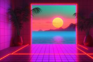 3D Render of a Neon Summer Landscape Background generative AI photo