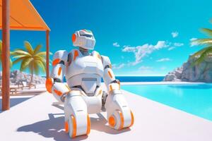 3D Render of a Robot on a Summer Beachscape generative AI photo