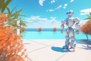 3d hacer de un robot en un verano paisaje de playa generativo ai foto