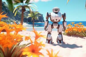 3D Render of a Robot on a Summer Beachscape generative AI photo
