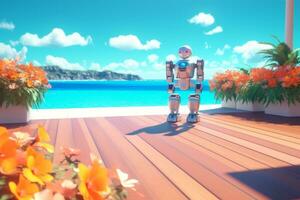 3d hacer de un robot en un verano paisaje de playa generativo ai foto