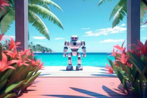 3D Render of a Robot on a Summer Beachscape generative AI photo