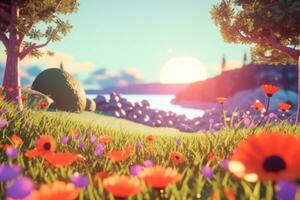 3D Render of a Summer Themed Background Landscape generative AI photo