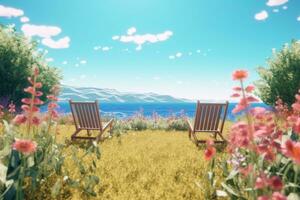 3D Render of a Summer Themed Background Landscape generative AI photo